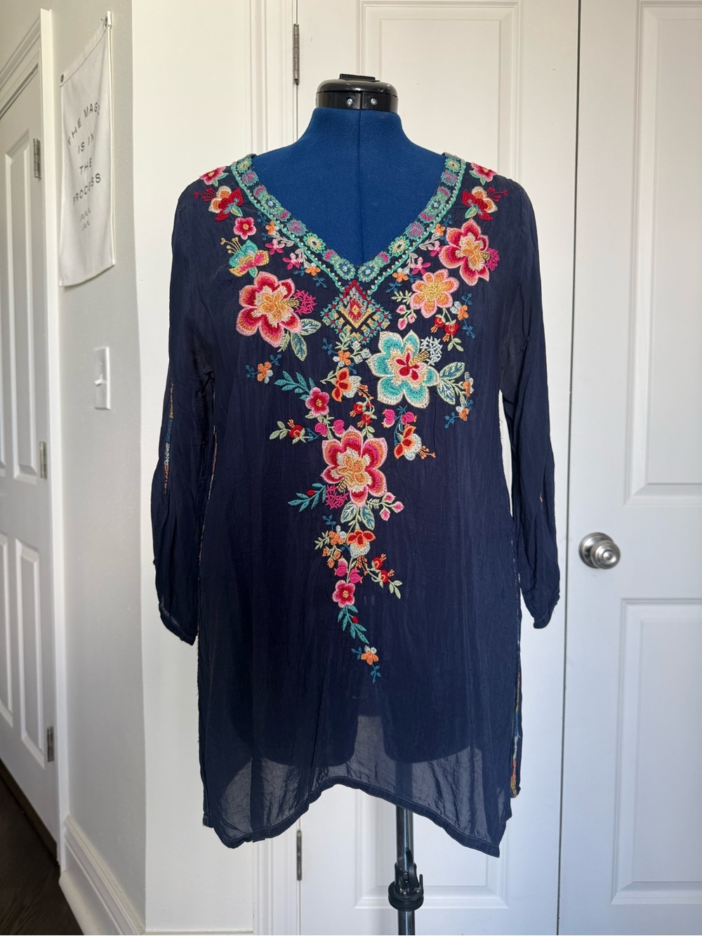 Johnny Was Navy Embroidered Floral V-Neck Top